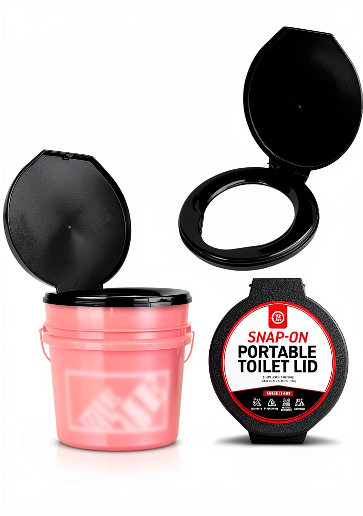 72 HRS portable toilet seat attached to a bucket in an outdoor setting